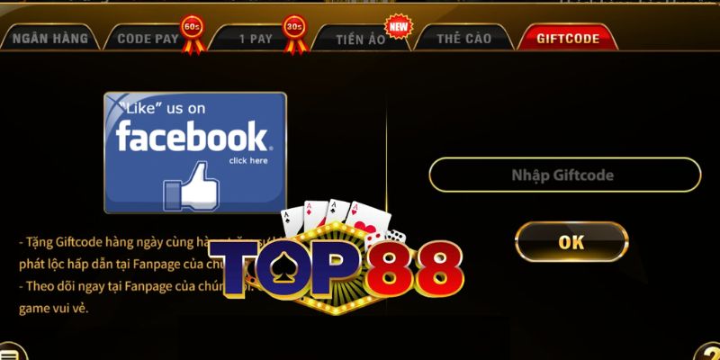 Nạp bằng Giftcode trên Top88 rất dễ thực hiện